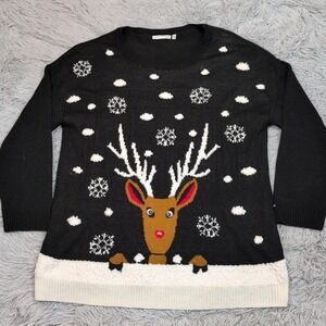Notations Sweater Womens 2X Black Holiday Ugly Reindeer‎ Comfort Cozy Christmas